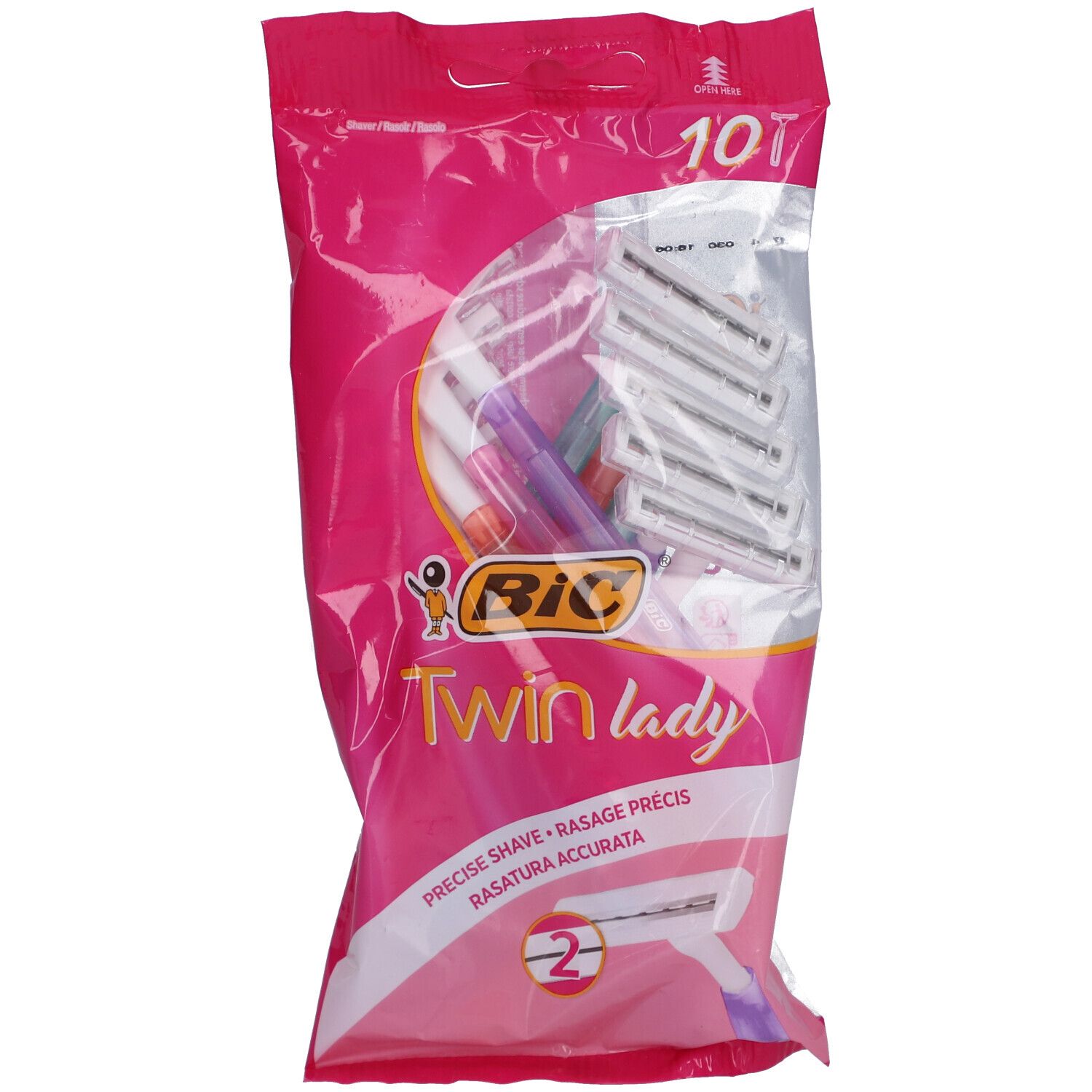 Paquet de 10 rasoirs jetables. BIC Twin lady, emballage rose. Texte: Precise shave, Rasage précis, Rasatura accurata.