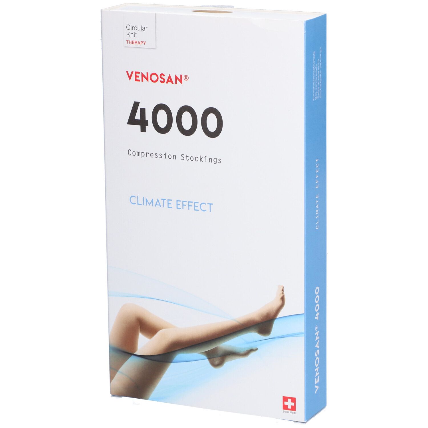 Emballage VENOSAN® 4000 Climate Effekt. Inscription: 4000, bas de compression. Illustration jambe avec bas. Croix suisse.