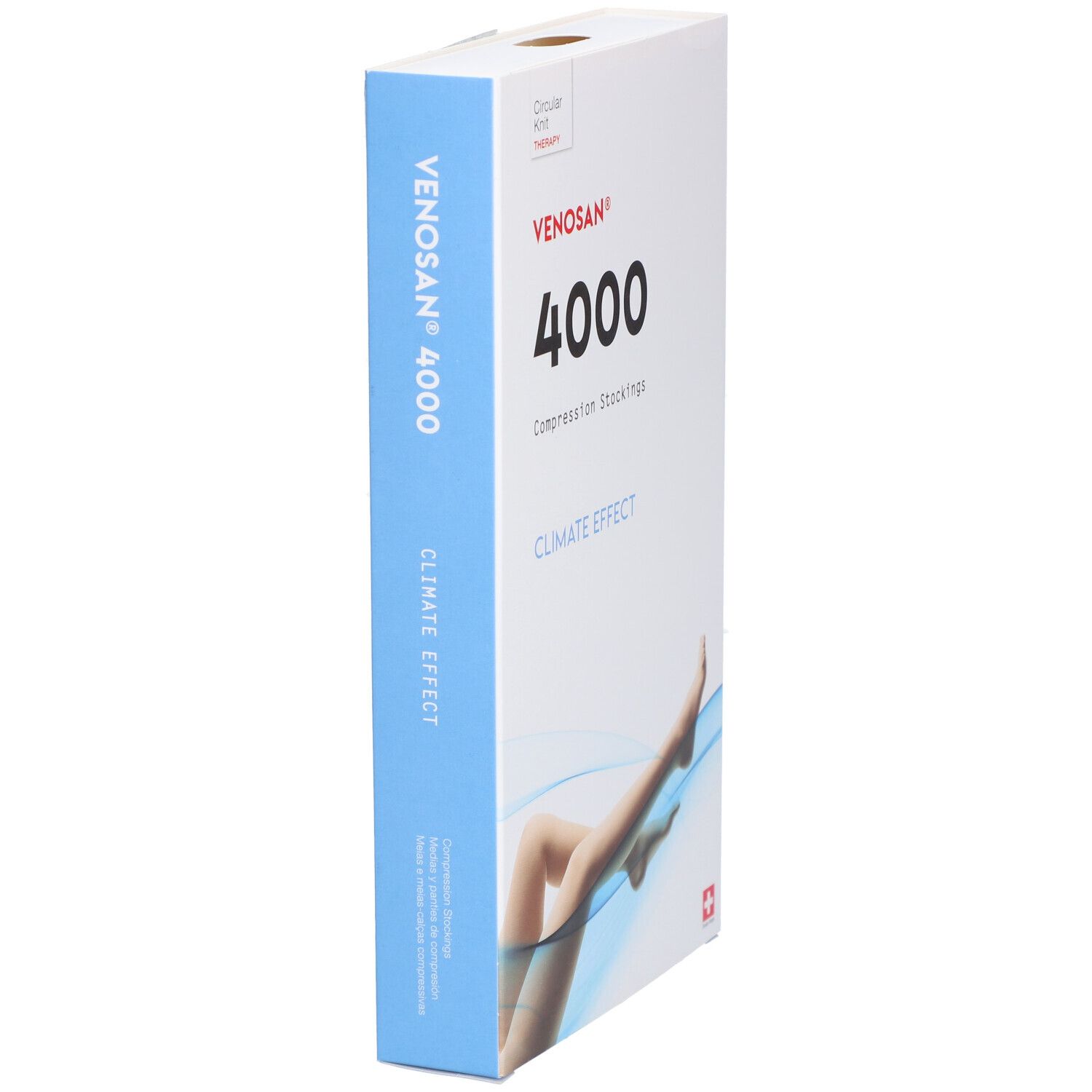Emballage VENOSAN® 4000 Climate Effekt. Inscription: 4000, bas de compression. Illustration jambe avec bas. Croix suisse.