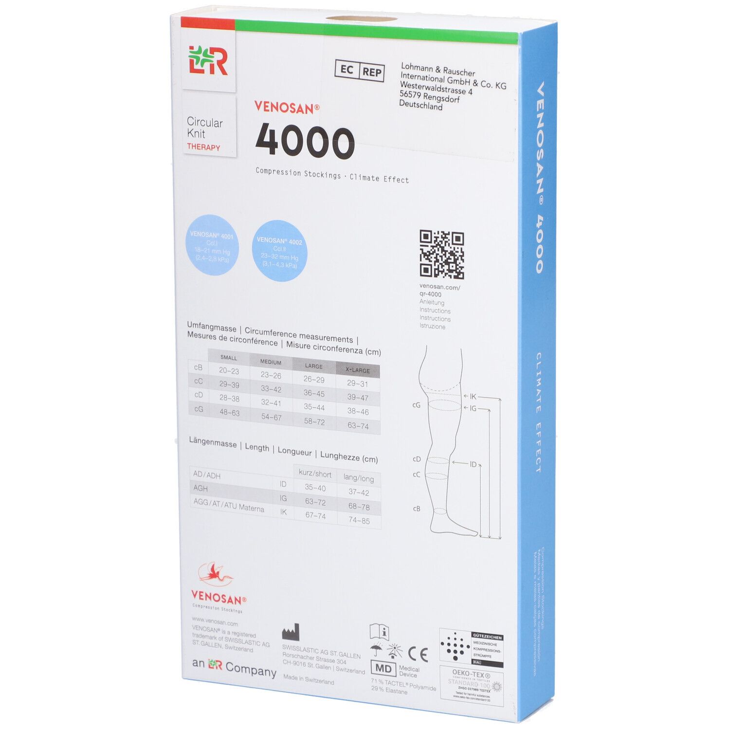 Emballage VENOSAN® 4000 Climate Effekt. Verso avec tableau des tailles, QR code et informations fabricant. Logo: VENOSAN®.