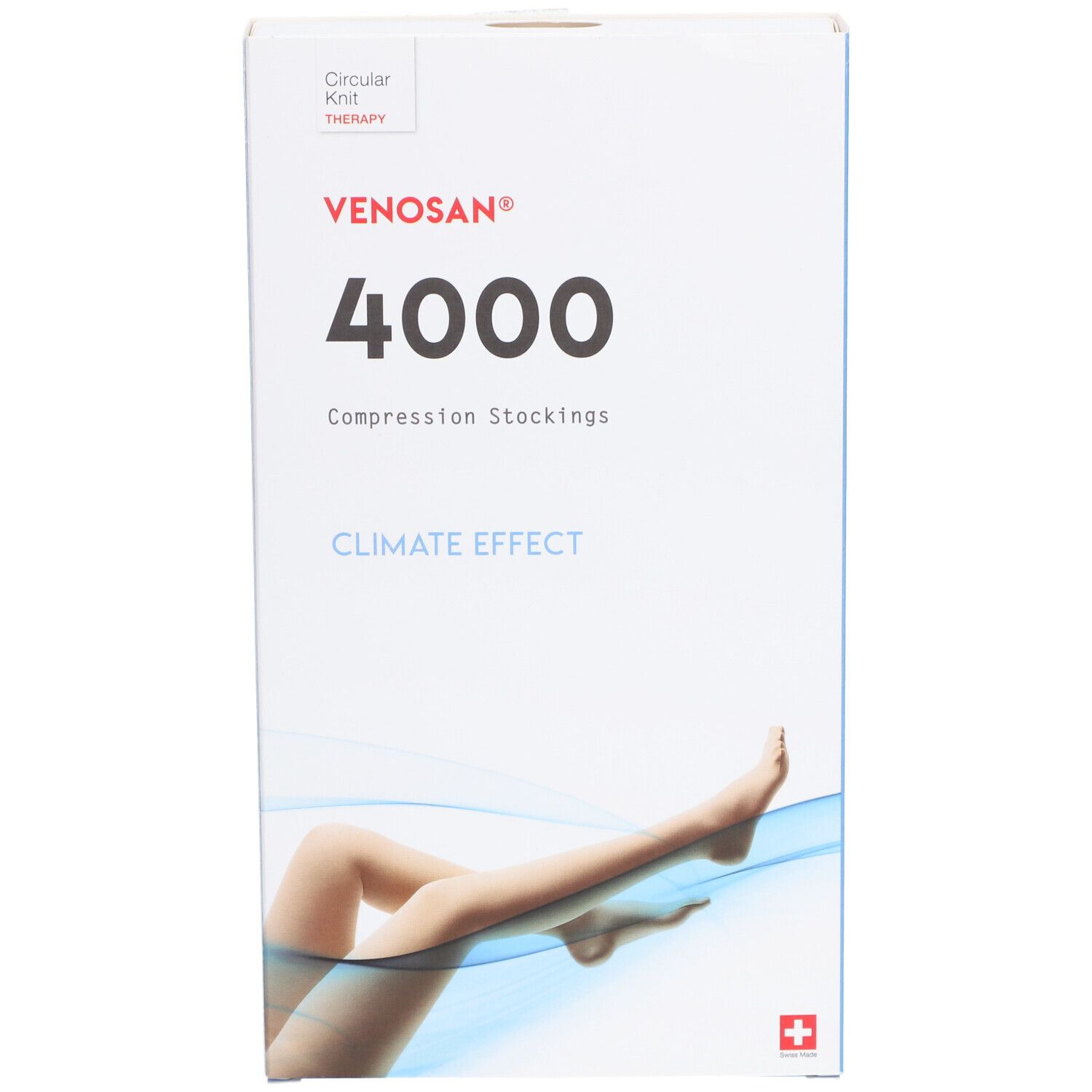 Emballage VENOSAN® 4000 Climate Effekt. Inscription: 4000, bas de compression. Illustration jambe avec bas. Croix suisse.