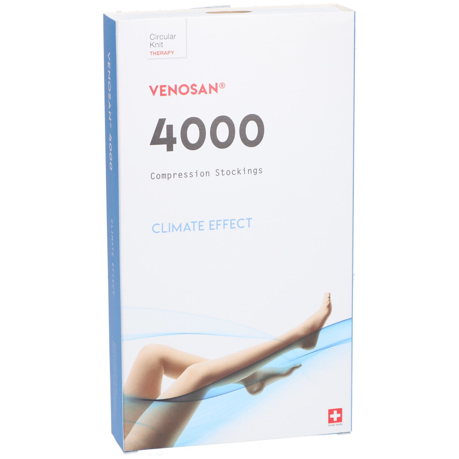 Emballage VENOSAN® 4000 Climate Effekt. Inscription: 4000, bas de compression. Illustration jambe avec bas. Croix suisse.