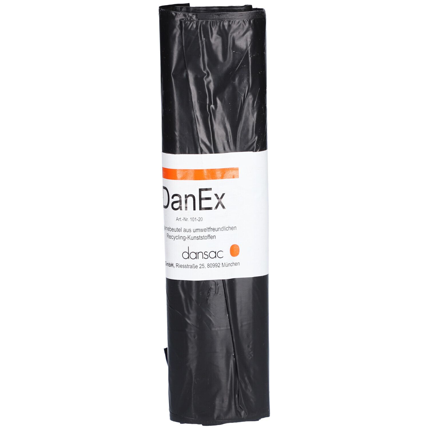 Rolle schwarzer Hygienebeutel. Weißes Etikett mit DanEx-Logo und Text. Dansac-Logo unten.