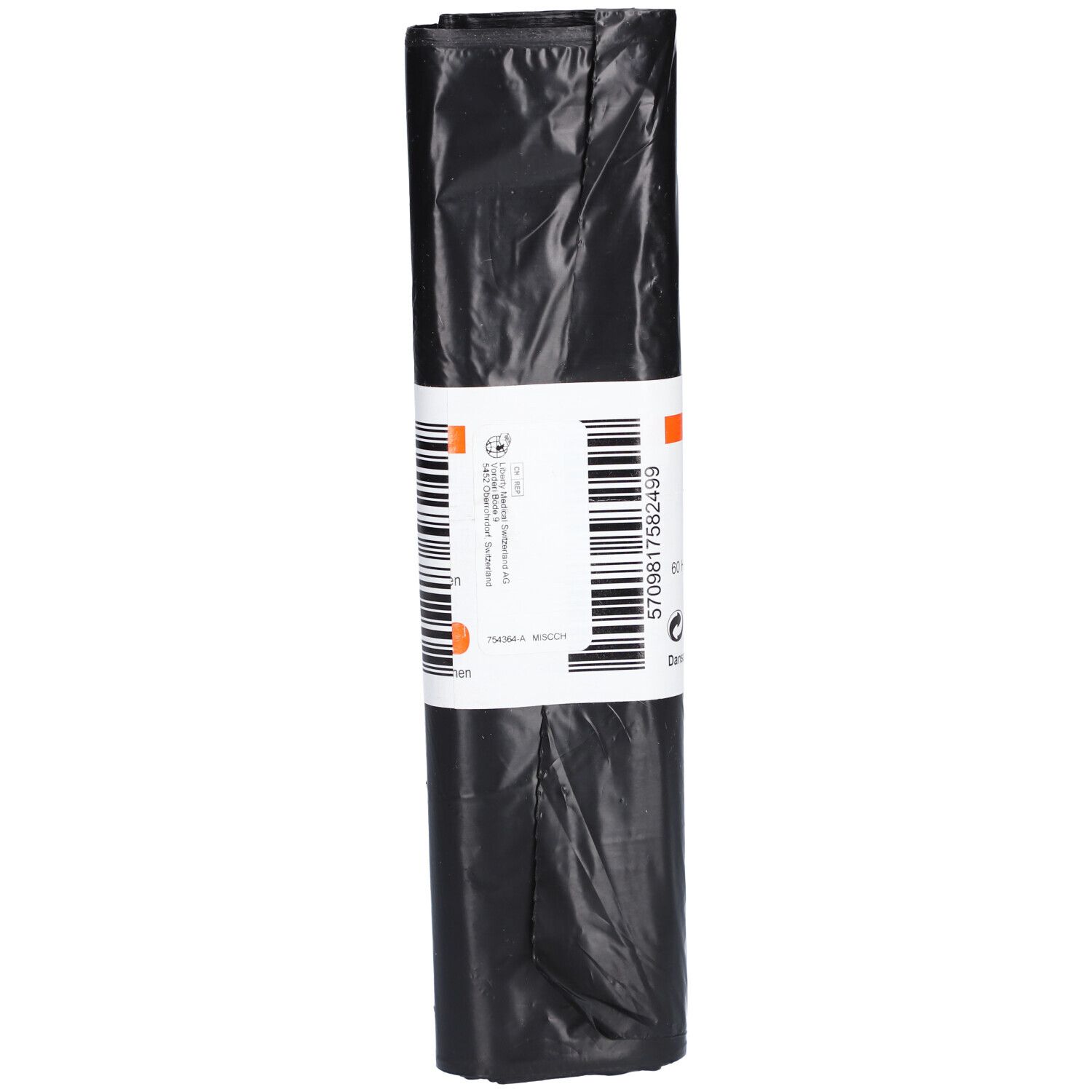 Rolle schwarzer Hygienebeutel. Weißes Etikett mit Barcode und Text. Orangefarbene Akzente.