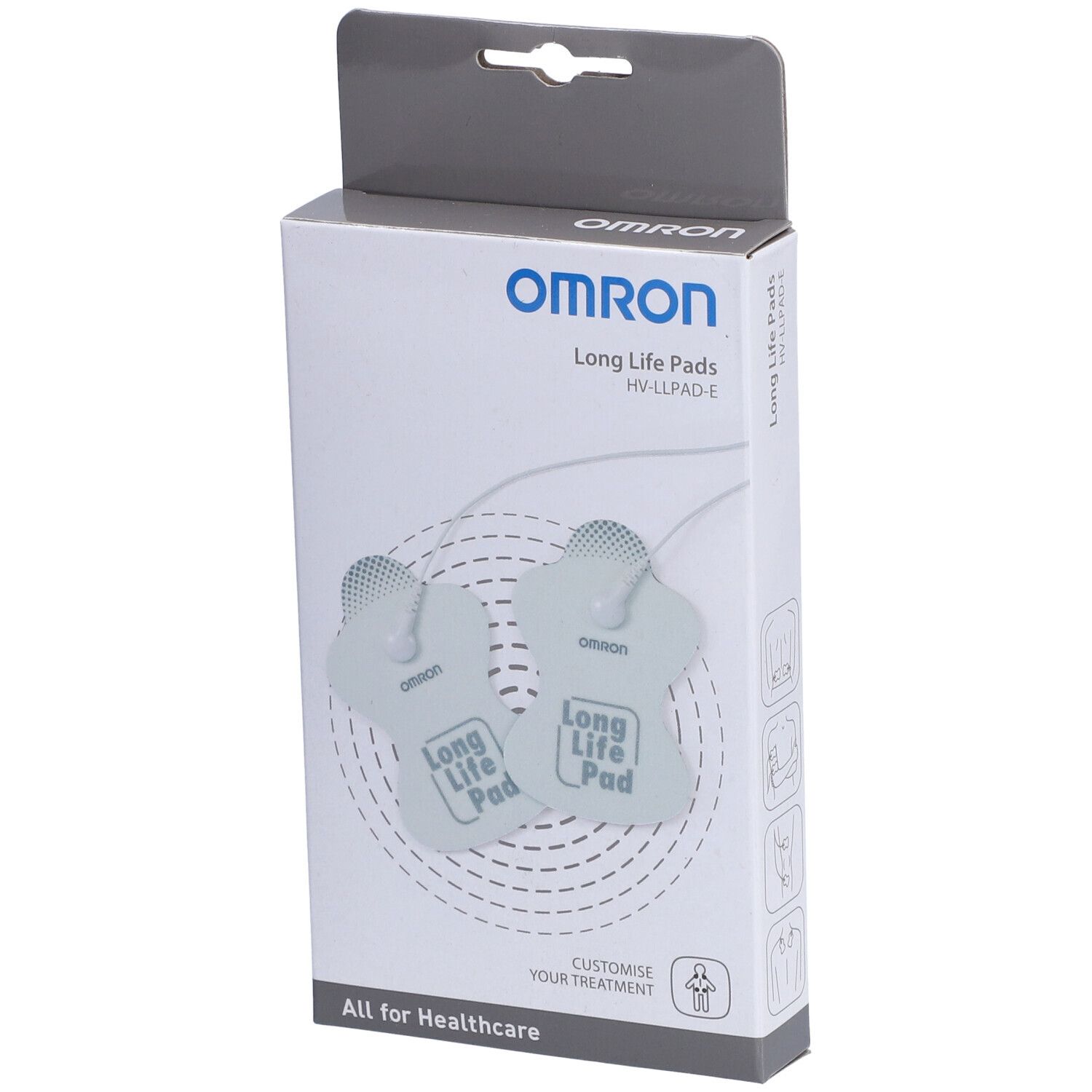 Verpackung mit zwei Elektrodenpads. Marke: Omron. Text: Long Life Pads, HV-LLPAD-E. "All for Healthcare".