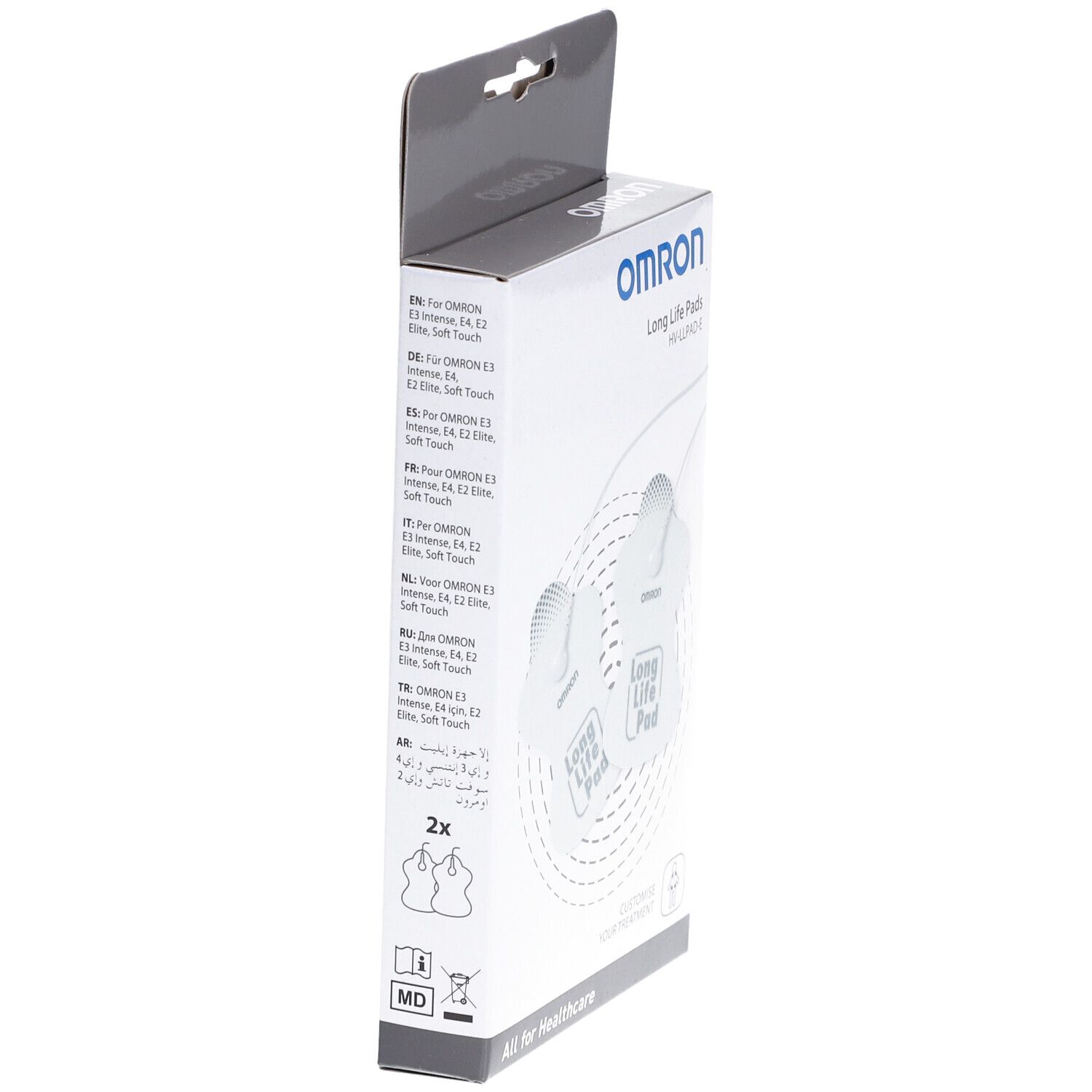 Verpackung mit Produktinformationen. Marke: Omron. Text: Long Life Pads, HV-LLPAD-E. Mehrsprachige Produktinformationen.