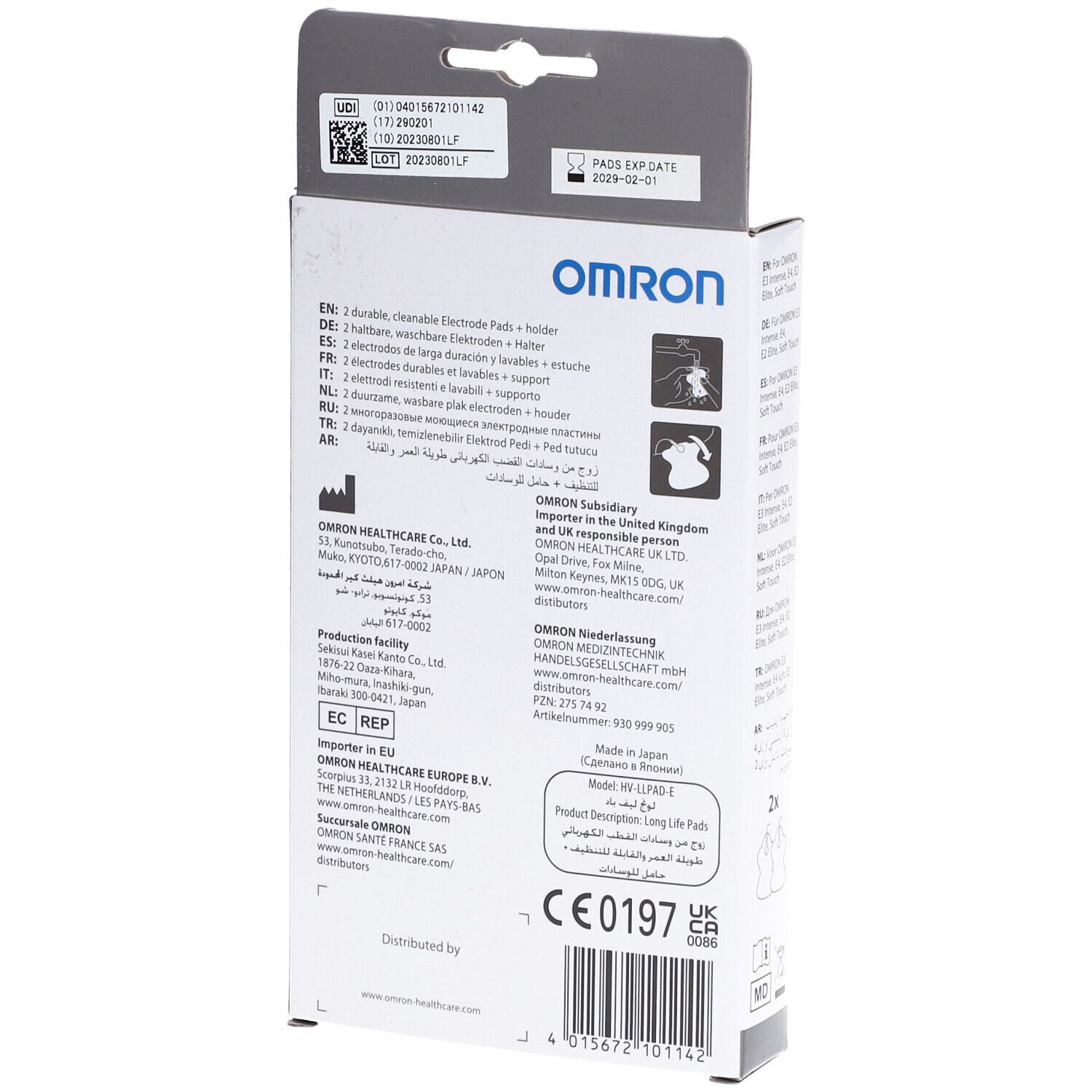 Rückseite der Verpackung. Marke: Omron. Text: Long Life Pads, HV-LLPAD-E. Herstellerinformationen, CE-Kennzeichnung.