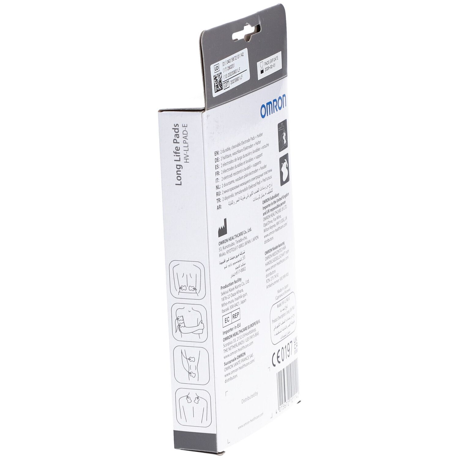Verpackung, Seite mit Produktinformationen. Marke: Omron. Text: Long Life Pads, HV-LLPAD-E. Piktogramme.