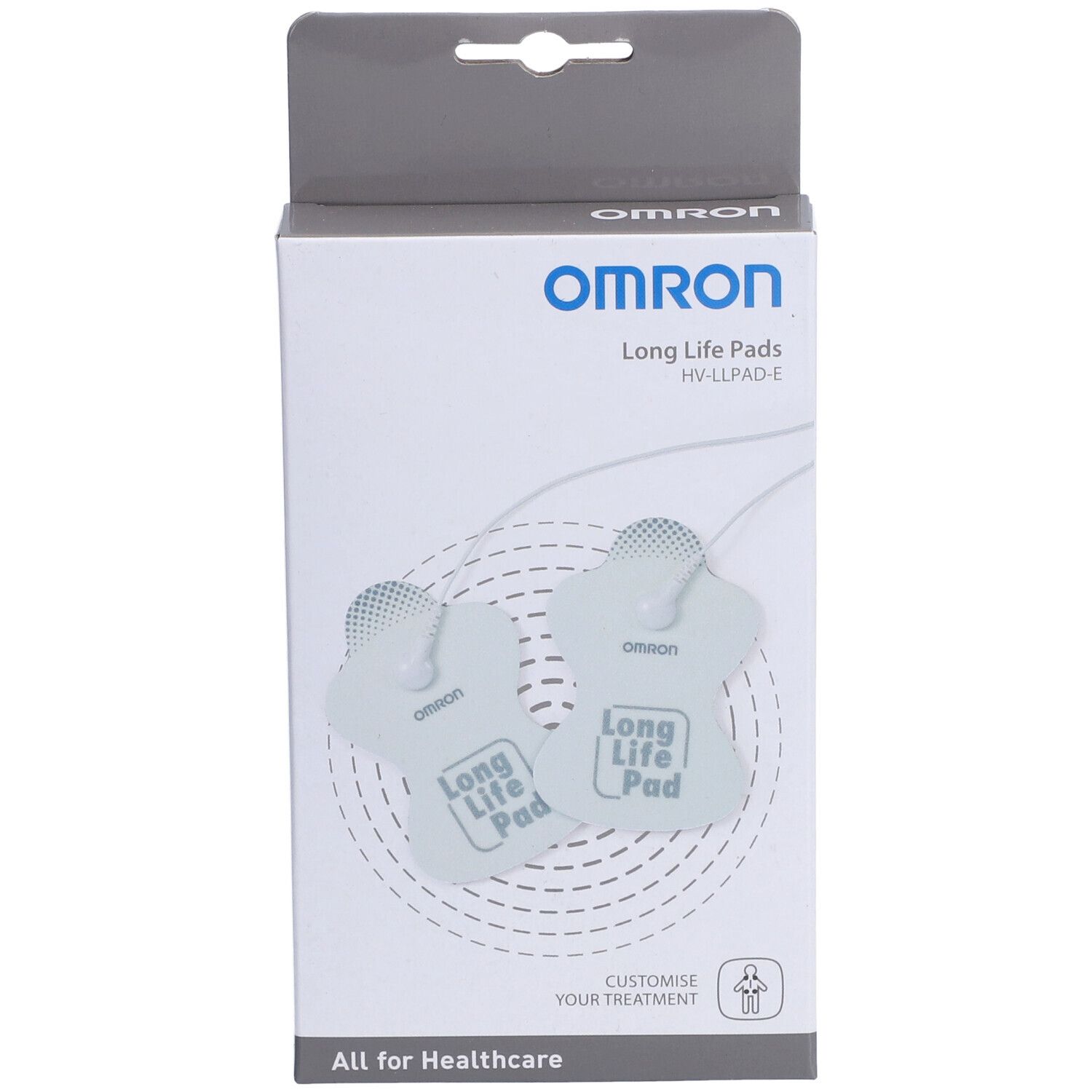 Verpackung mit zwei Elektrodenpads. Marke: Omron. Text: Long Life Pads, HV-LLPAD-E. "All for Healthcare".