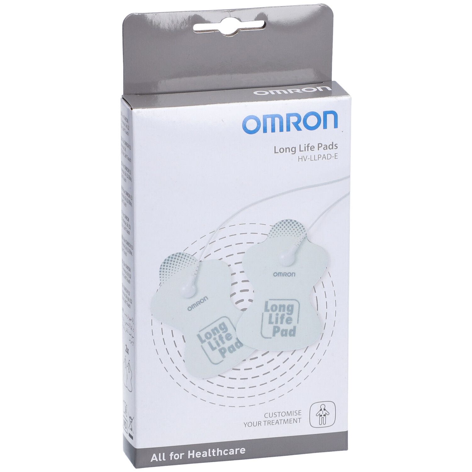 Verpackung mit zwei Elektrodenpads. Marke: Omron. Text: Long Life Pads, HV-LLPAD-E. "All for Healthcare".
