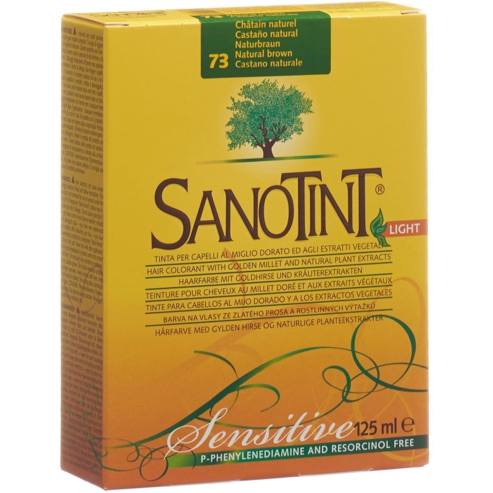Gelbe Schachtel mit SANOTINT® Sensitive Haarfarbe. Aufdrucke in mehreren Sprachen. Farbton 73, naturbraun. 125 ml.