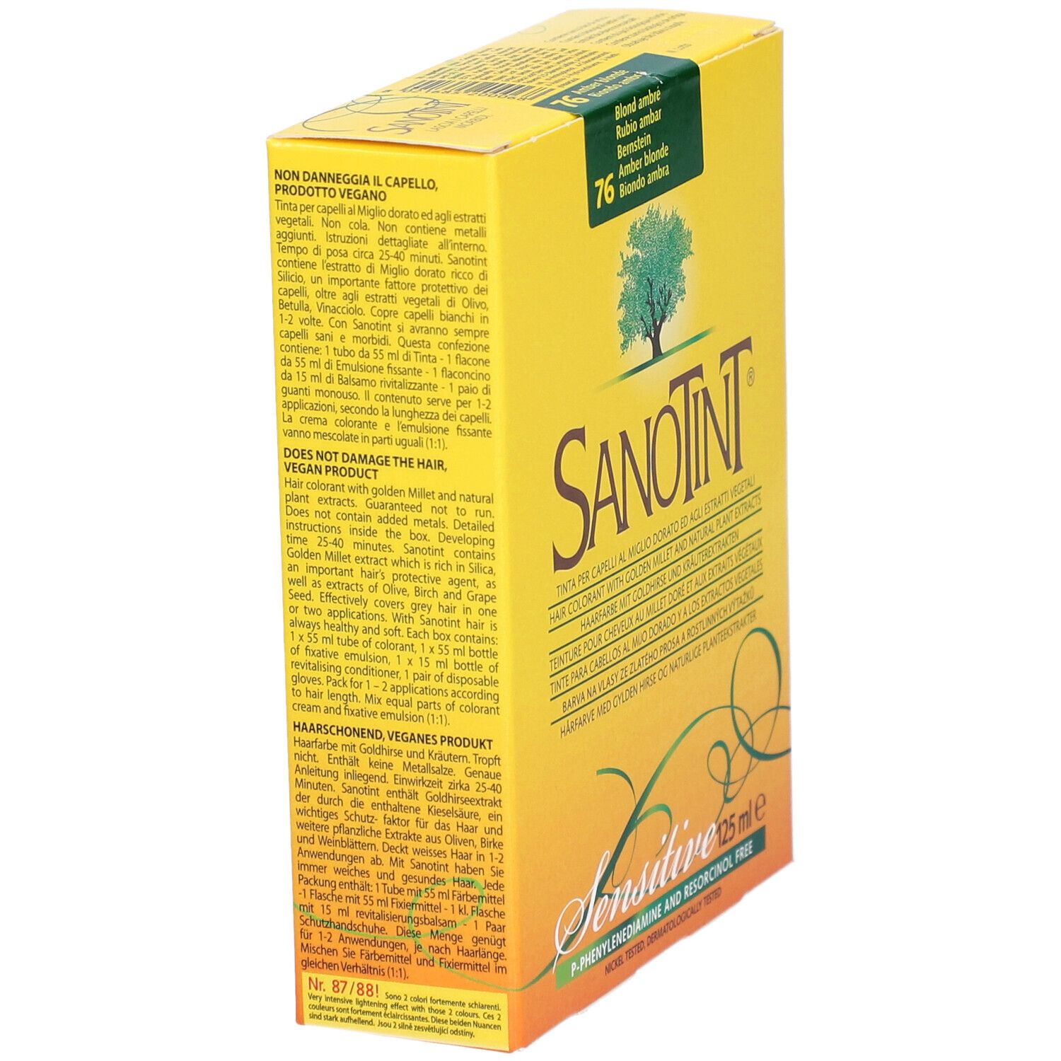 Boîte jaune SANOTINT® Classic Nr. 76 Bernstein. Texte : informations produit, ingrédients, produit végétalien, logo arbre.