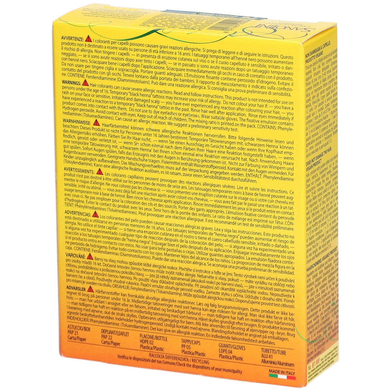 Boîte jaune SANOTINT® Classic Nr. 76 Bernstein. Texte : avertissements, allergies, ingrédients, Fabriqué en Italie.
