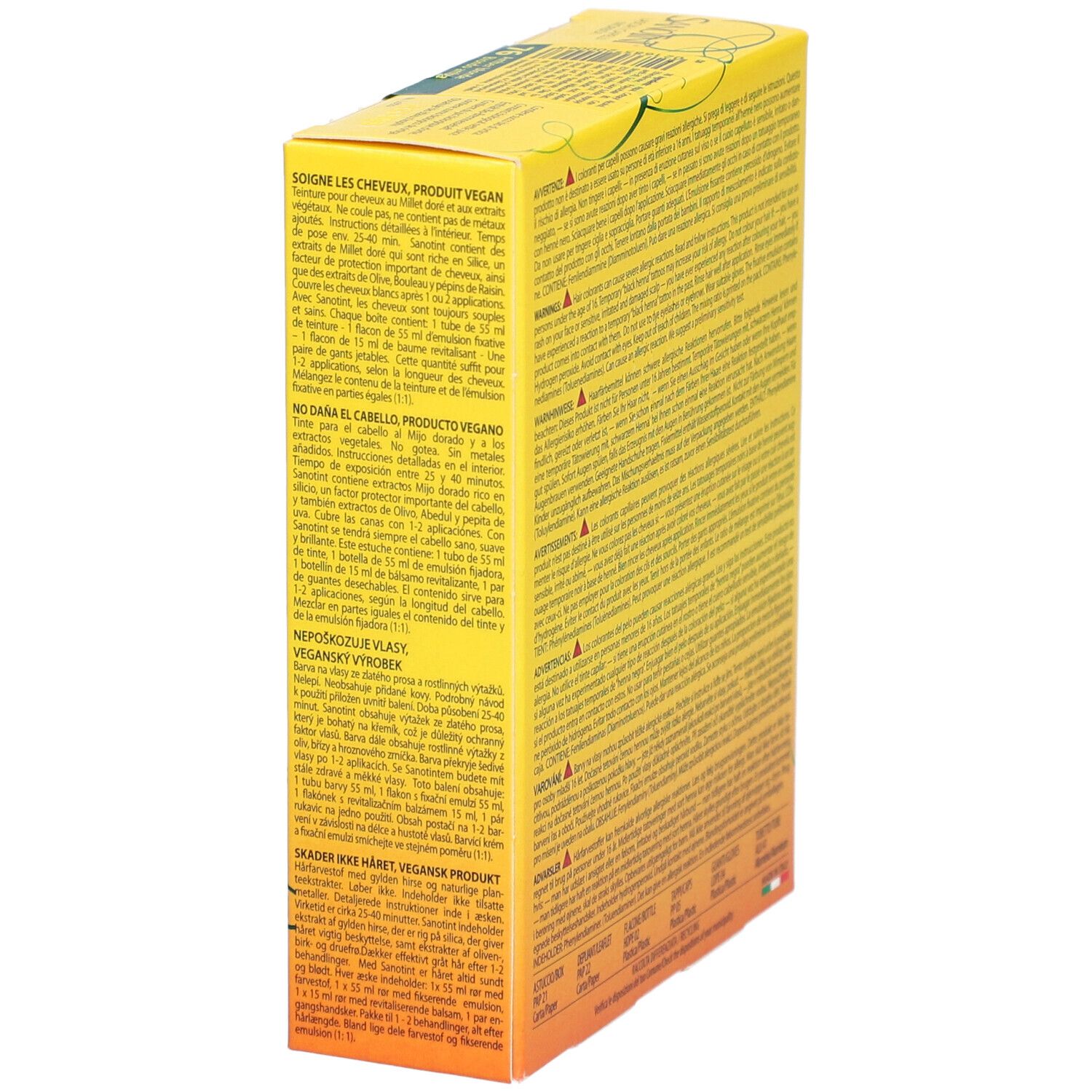 Boîte jaune SANOTINT® Classic Nr. 76 Bernstein. Texte : informations produit, végétalien, ingrédients, logo arbre.