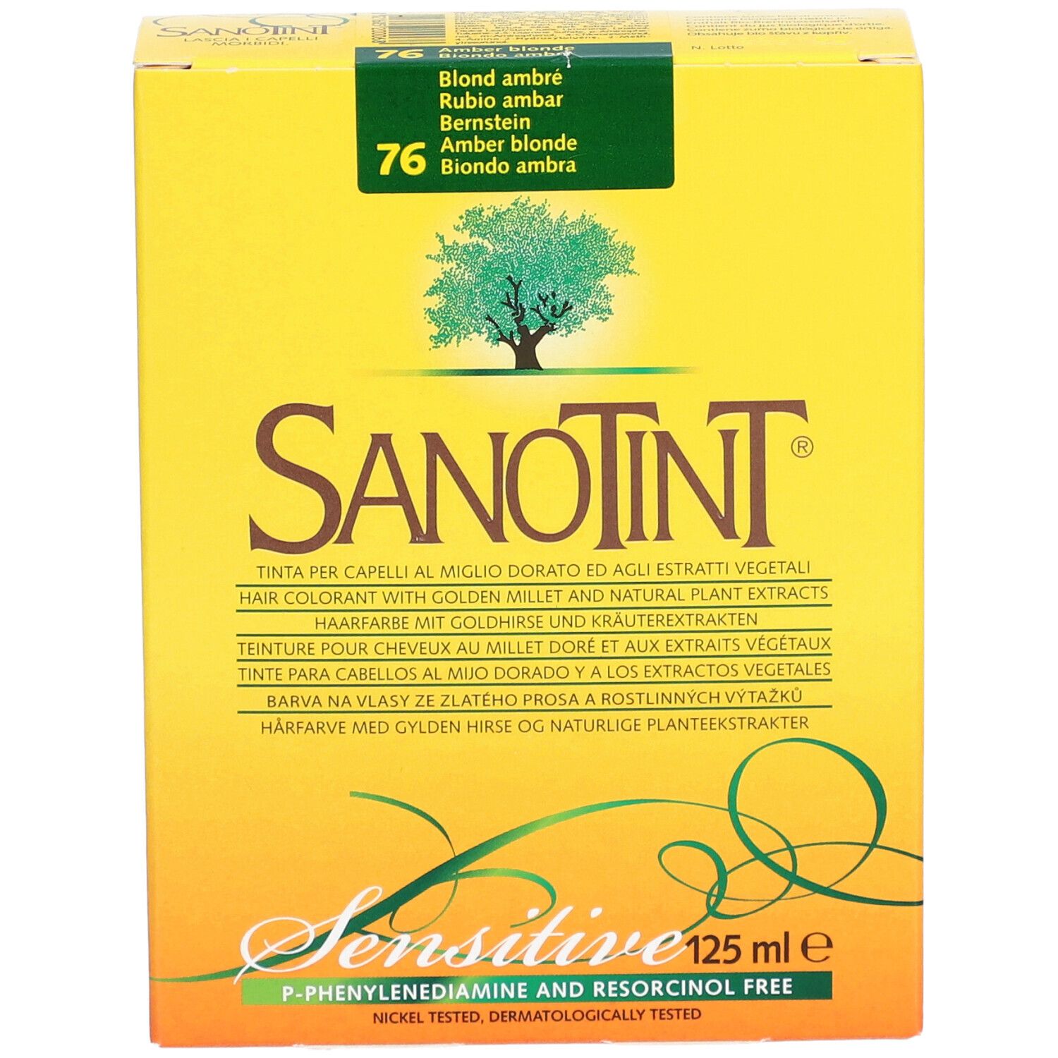 Boîte jaune SANOTINT® Classic Nr. 76 Bernstein. Inscriptions : nom du produit, ingrédients, volume, logo arbre.