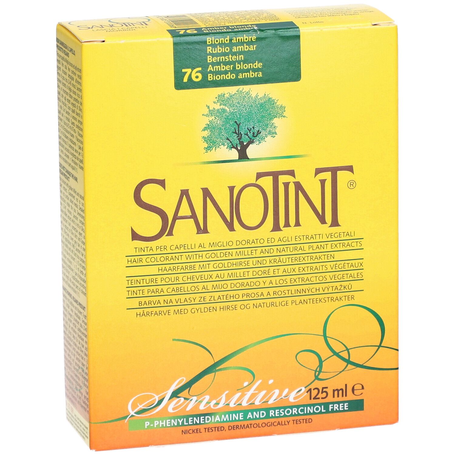 Boîte jaune SANOTINT® Classic Nr. 76 Bernstein. Inscriptions : nom du produit, ingrédients, volume, logo arbre.
