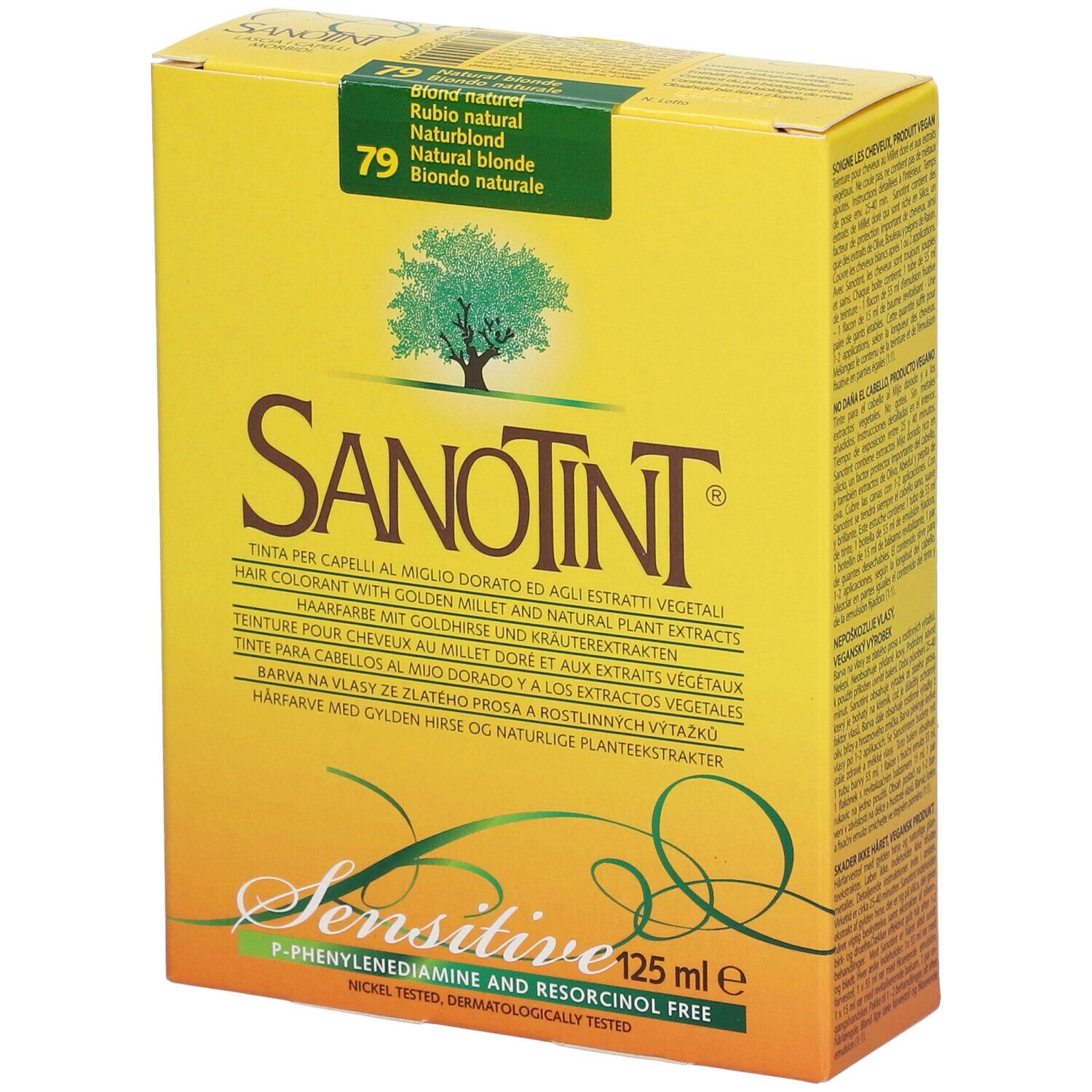 Boîte jaune SANOTINT® Classic Nr. 79 Blond naturel. Logo arbre et texte. "Sensitive" et "125 ml e" visibles.