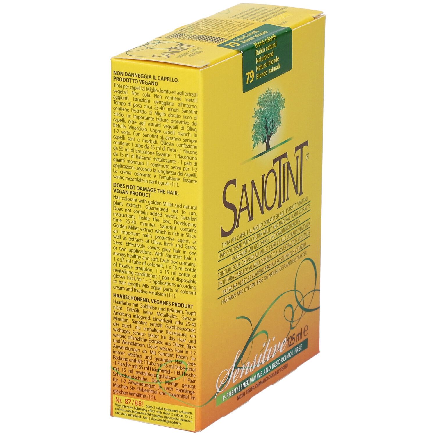Boîte jaune SANOTINT® Classic Nr. 79 Blond naturel. Vue latérale avec texte. Logo arbre et nom du produit visibles.