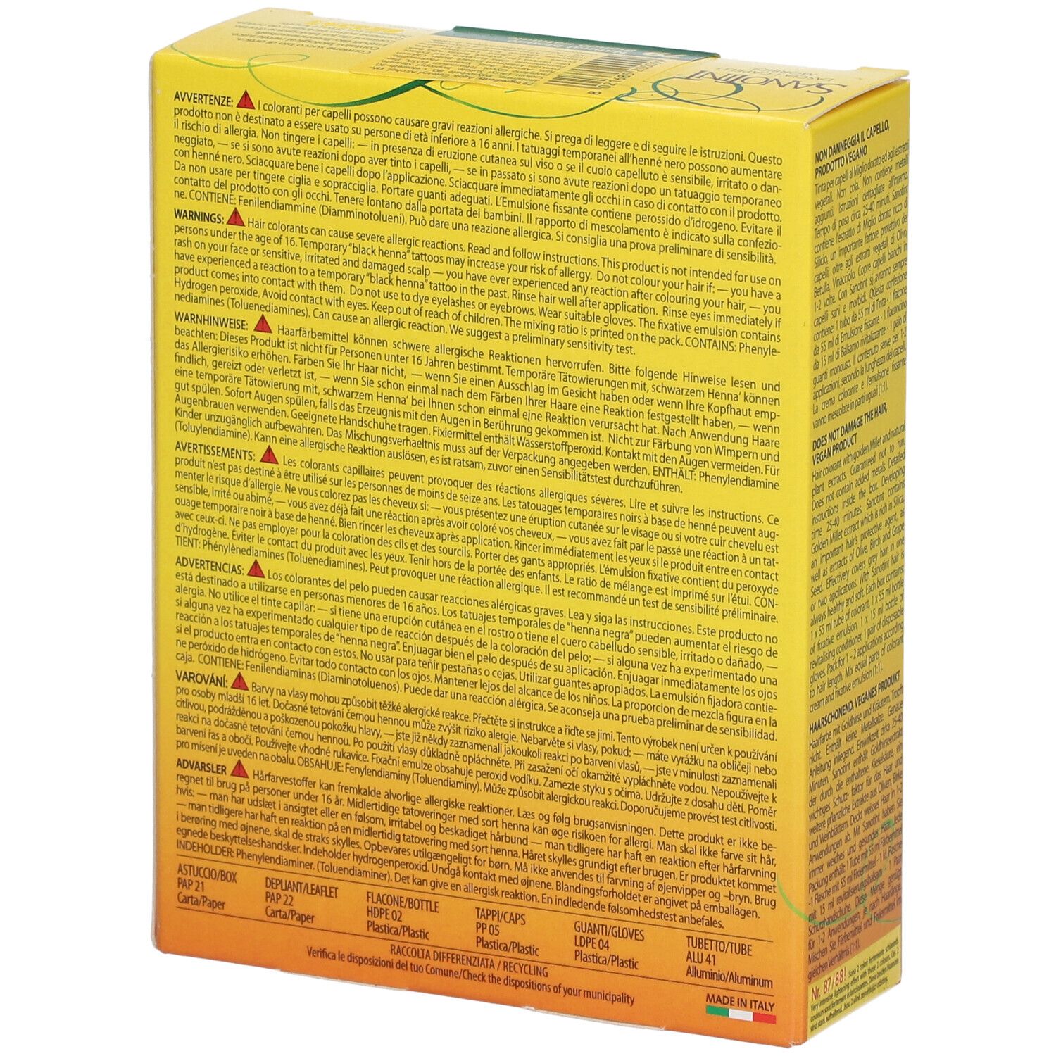 Dos de la boîte jaune SANOTINT® Classic Nr. 79 Blond naturel. Texte multilingue. Fabriqué en Italie.