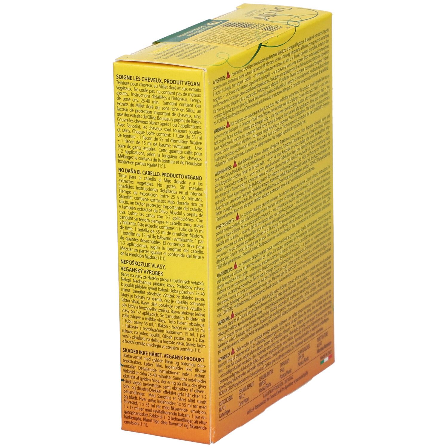 Vue latérale de la boîte jaune SANOTINT® Classic Nr. 79 Blond naturel. Texte multilingue. Produit végétalien.