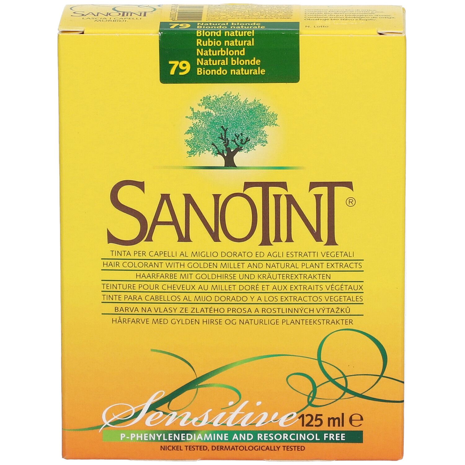 Boîte jaune SANOTINT® Classic Nr. 79 Blond naturel. Vue de face avec texte et logo arbre. "Sensitive" et "125 ml e".
