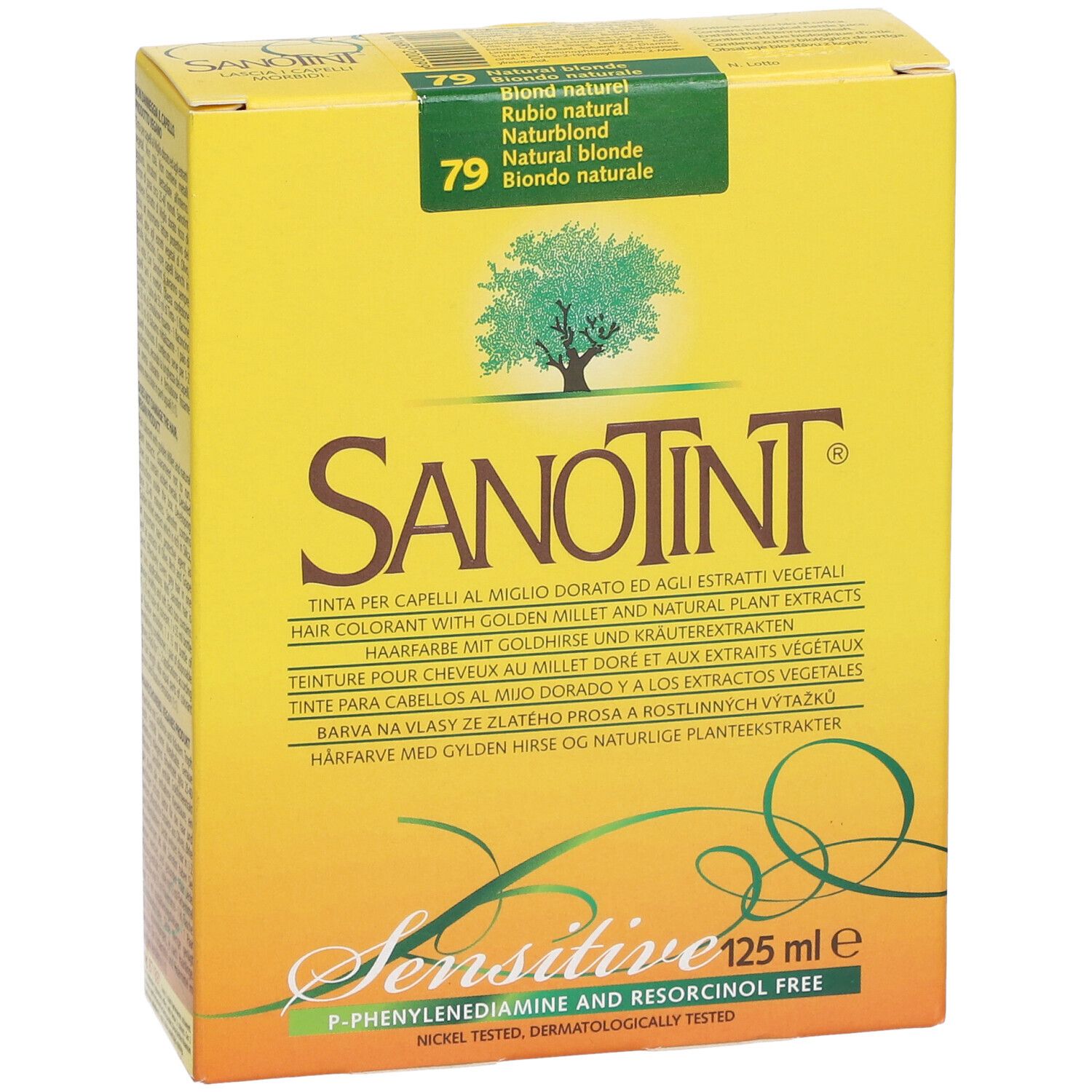 Boîte jaune SANOTINT® Classic Nr. 79 Blond naturel. Vue de face avec texte et logo arbre. "Sensitive" et "125 ml e".