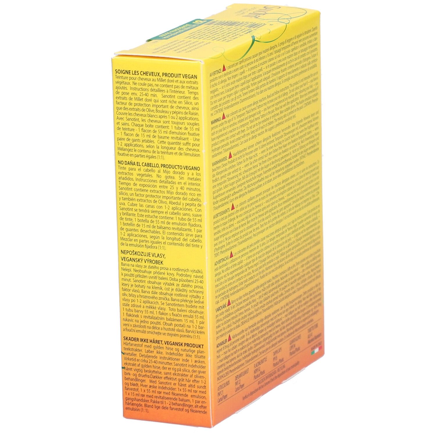Seite einer gelben Schachtel mit Text in mehreren Sprachen. Enthält Informationen über das Produkt und seine Inhaltsstoffe.