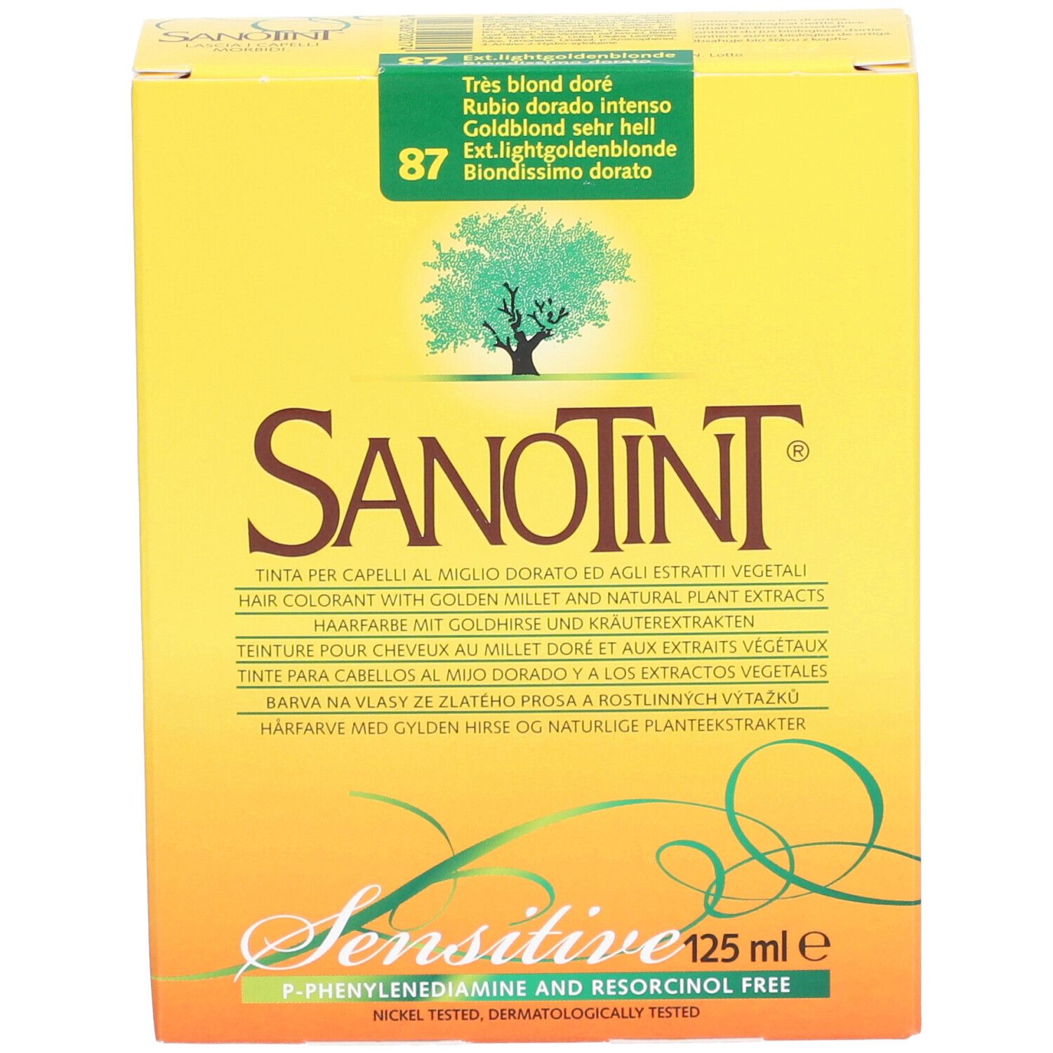 Gelbe Schachtel mit Produktnamen und Produktinformationen. Enthält Text in mehreren Sprachen. "Sensitive" und "125 ml" sind sichtbar.