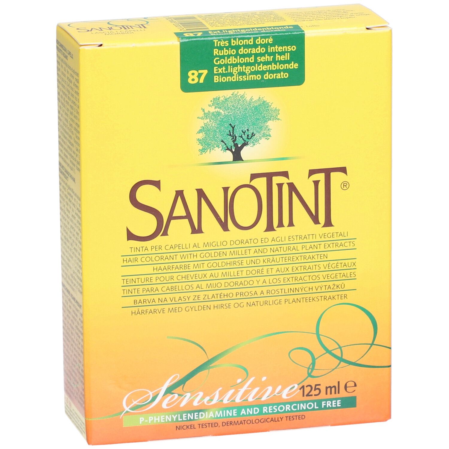 Gelbe Schachtel mit Produktnamen und Produktinformationen. Enthält Text in mehreren Sprachen. "Sensitive" und "125 ml" sind sichtbar.