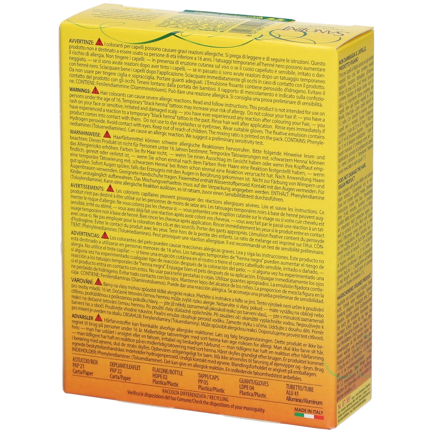 Gelbe Schachtel, Rückseite mit Warnhinweisen und Inhaltsstoffen. Text in mehreren Sprachen. Hergestellt in Italien.