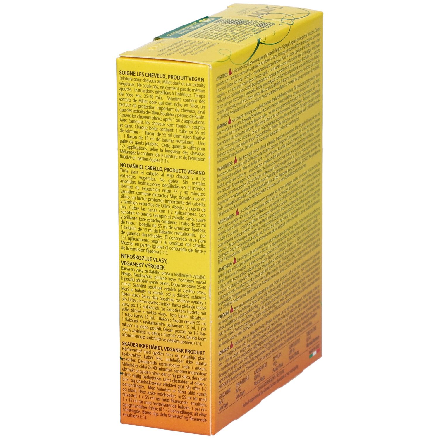 Gelbe Schachtel, Text in mehreren Sprachen. Enthält Informationen zum Produkt und zur Anwendung. Vegan.