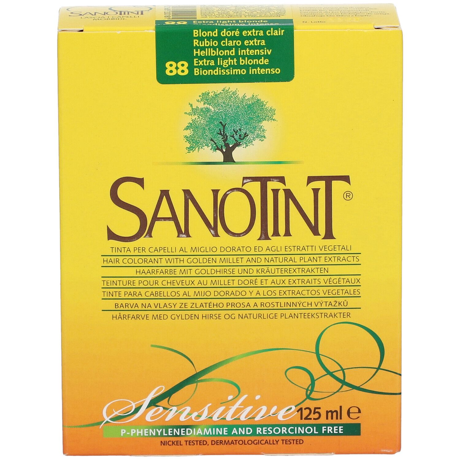 Gelbe Schachtel mit Produktnamen und Aufschrift "Sensitive". Enthält 125 ml. Aufdruck: "88 Goldblond extra hell".