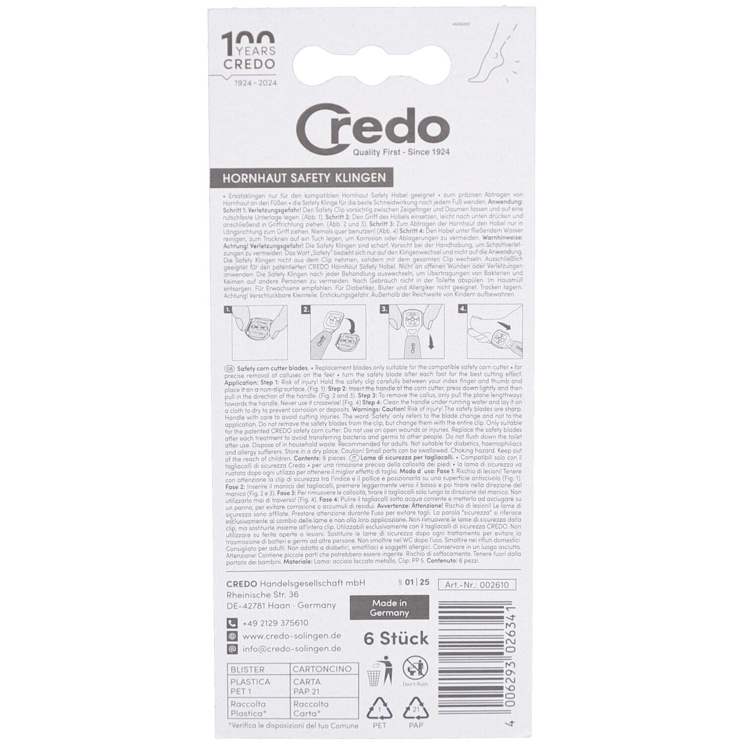 Rückseite der Verpackung. Text in mehreren Sprachen. Marke Credo. Illustrationen zur Verwendung der Klingen.