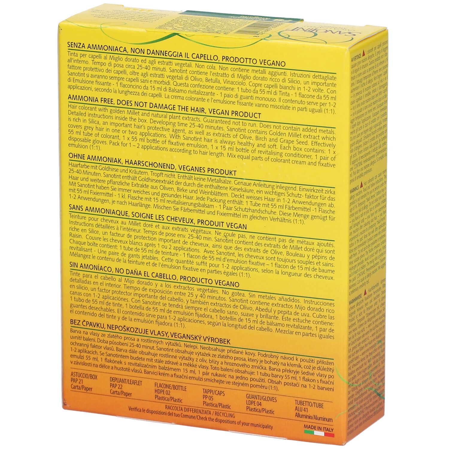 Rückseite der gelben Schachtel. Text in mehreren Sprachen. SANOTINT-Logo. Vegan-Hinweis. Hergestellt in Italien.