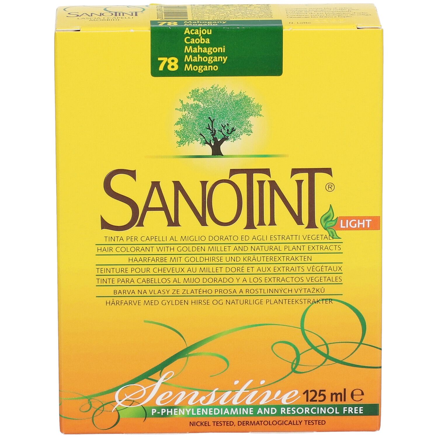 Gelbe Schachtel mit SANOTINT-Logo und Produktbezeichnung. Farbton 78 Mahagoni. Enthält 125 ml. Aufschrift: Sensitive.