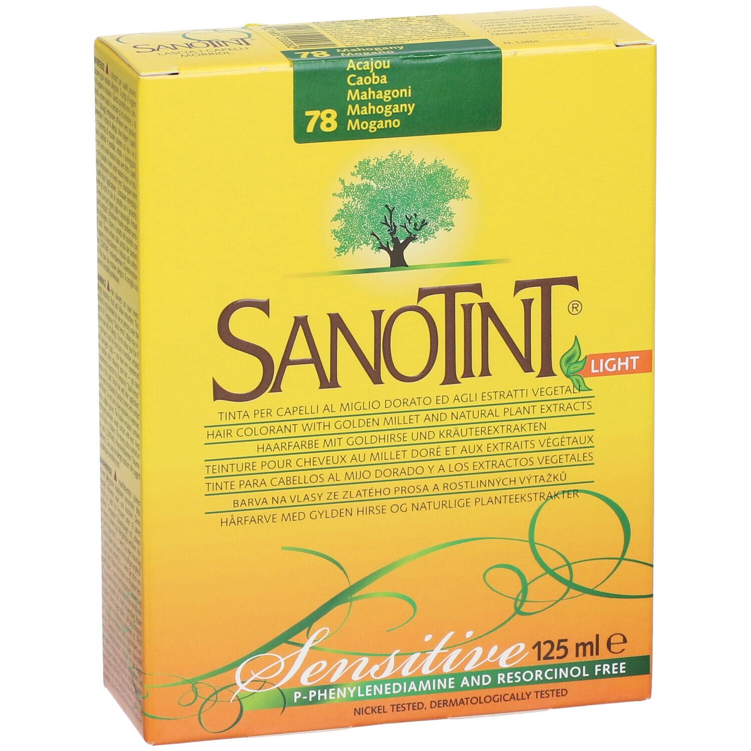 Gelbe Schachtel mit SANOTINT-Logo und Produktbezeichnung. Farbton 78 Mahagoni. Enthält 125 ml. Aufschrift: Sensitive.