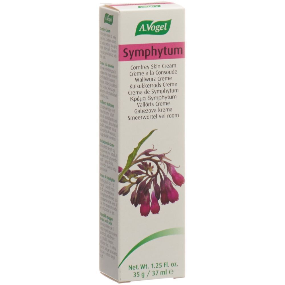 Boîte de crème A. Vogel Symphytum. Blanche, avec nom du produit et illustration florale. Texte multilingue.