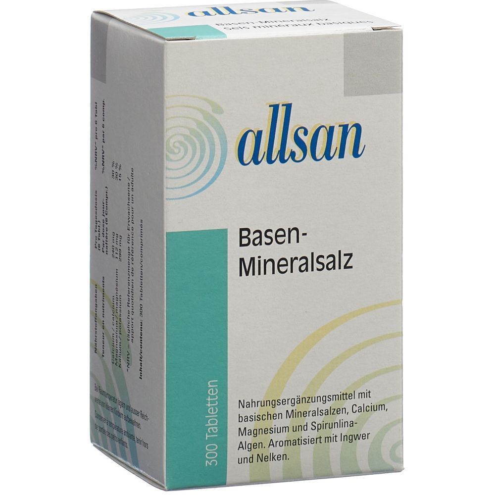 Weißer Karton mit "allsan"-Logo und "Basen-Mineralsalz"-Aufdruck. 300 Tabletten. Text in Deutsch.