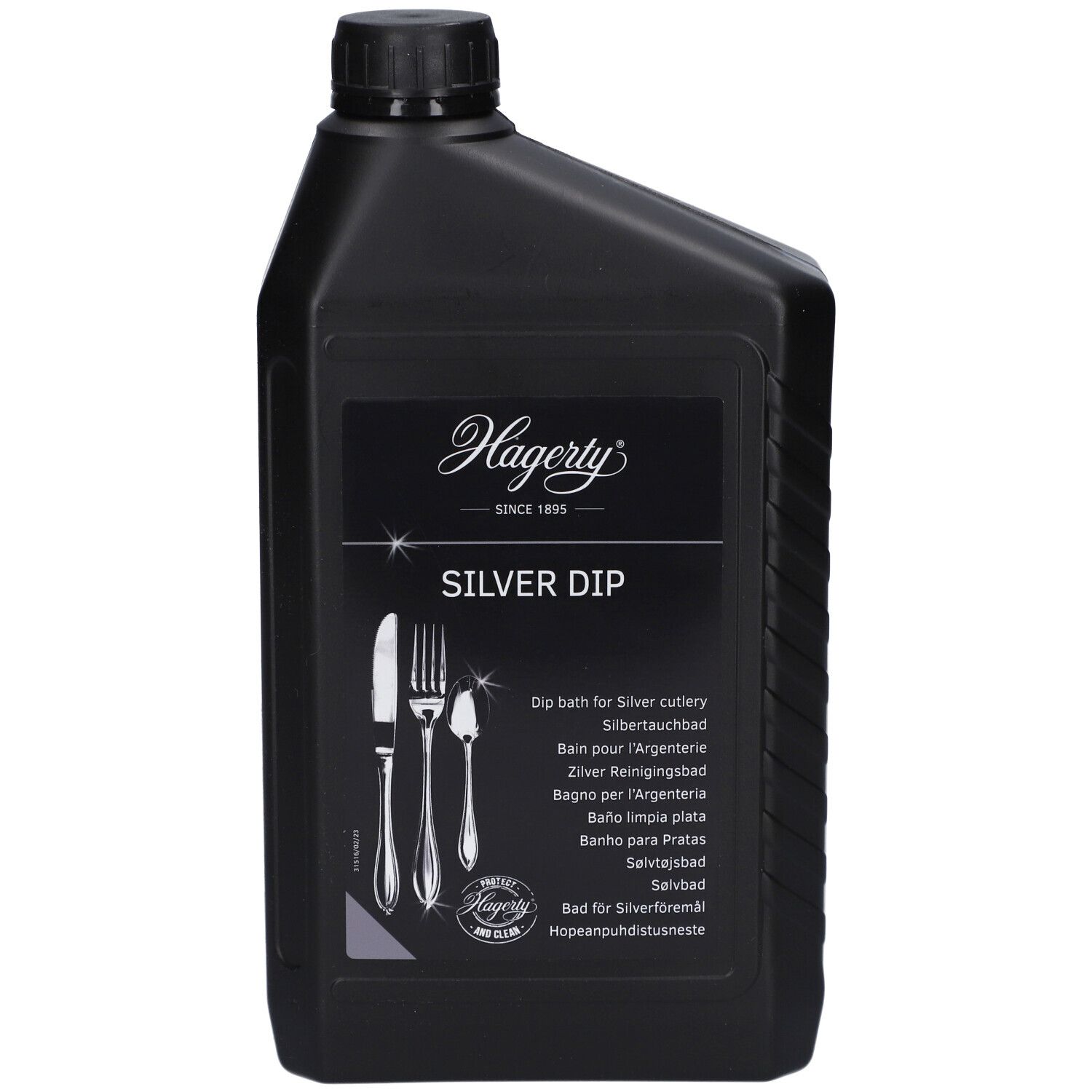 Schwarze Flasche mit Etikett. "Hagerty Silver Dip" und Abbildungen von Besteck.