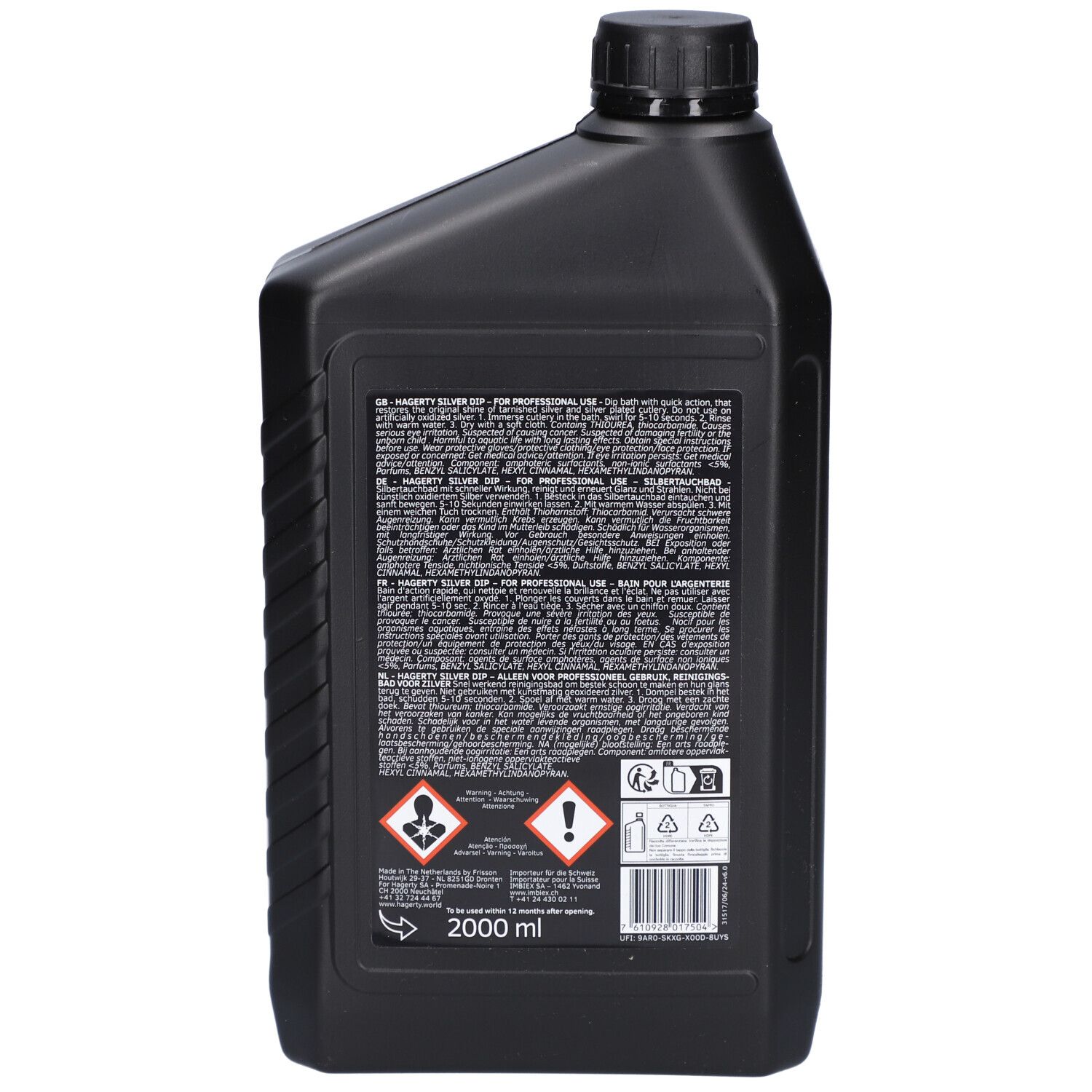 Rückseite einer schwarzen Flasche. Text, Warnsymbole und Volumenangabe: 2000 ml.