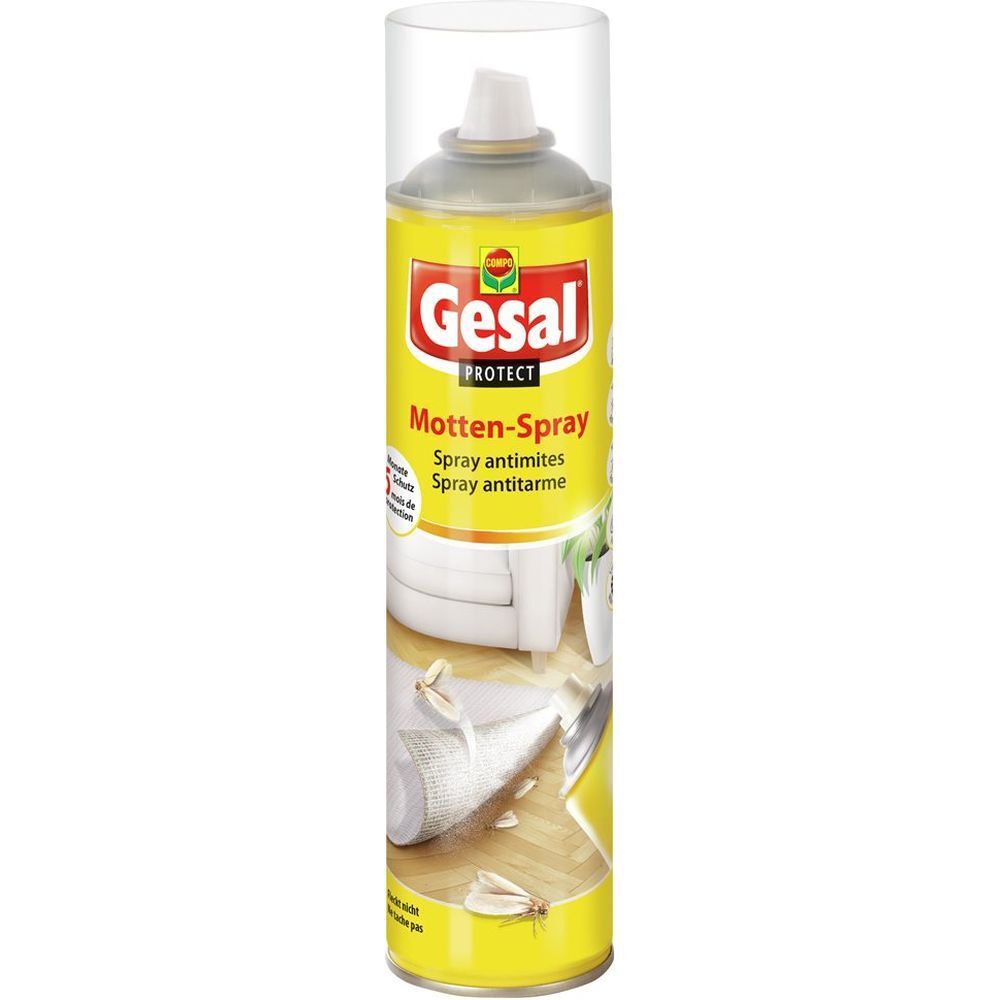Gelbe Sprühdose mit weißem Sprühkopf. Beschriftung: Gesal Motten-Spray. Aufdruck: Spray antimites, Spray antitarme.