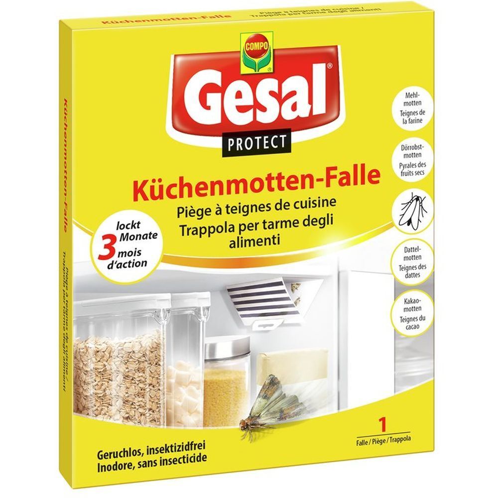 Gelbe Gesal Küchenmotten-Falle Packung. Text: Küchenmotten-Falle, 3 Monate Wirkung. Abbildung: Lebensmittel in Gläsern, Motte.