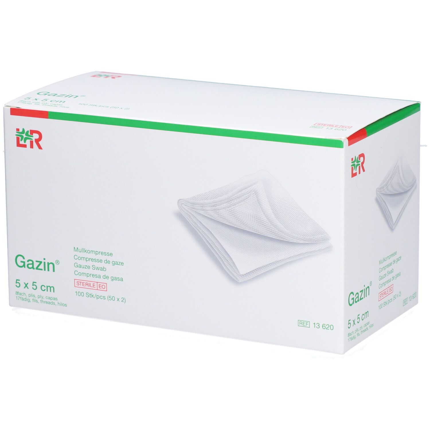 Compresses de gaze Gazin 5x5cm. Boîte blanche avec accents verts et rouges. Nom du produit et taille clairement visibles.