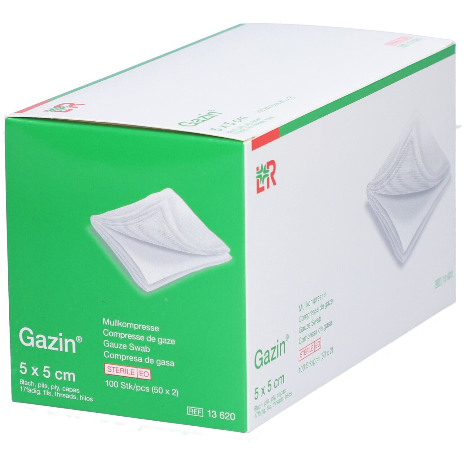 Compresses de gaze Gazin 5x5cm. Boîte avec couvercle vert. Nom, taille et indication stérile visibles.