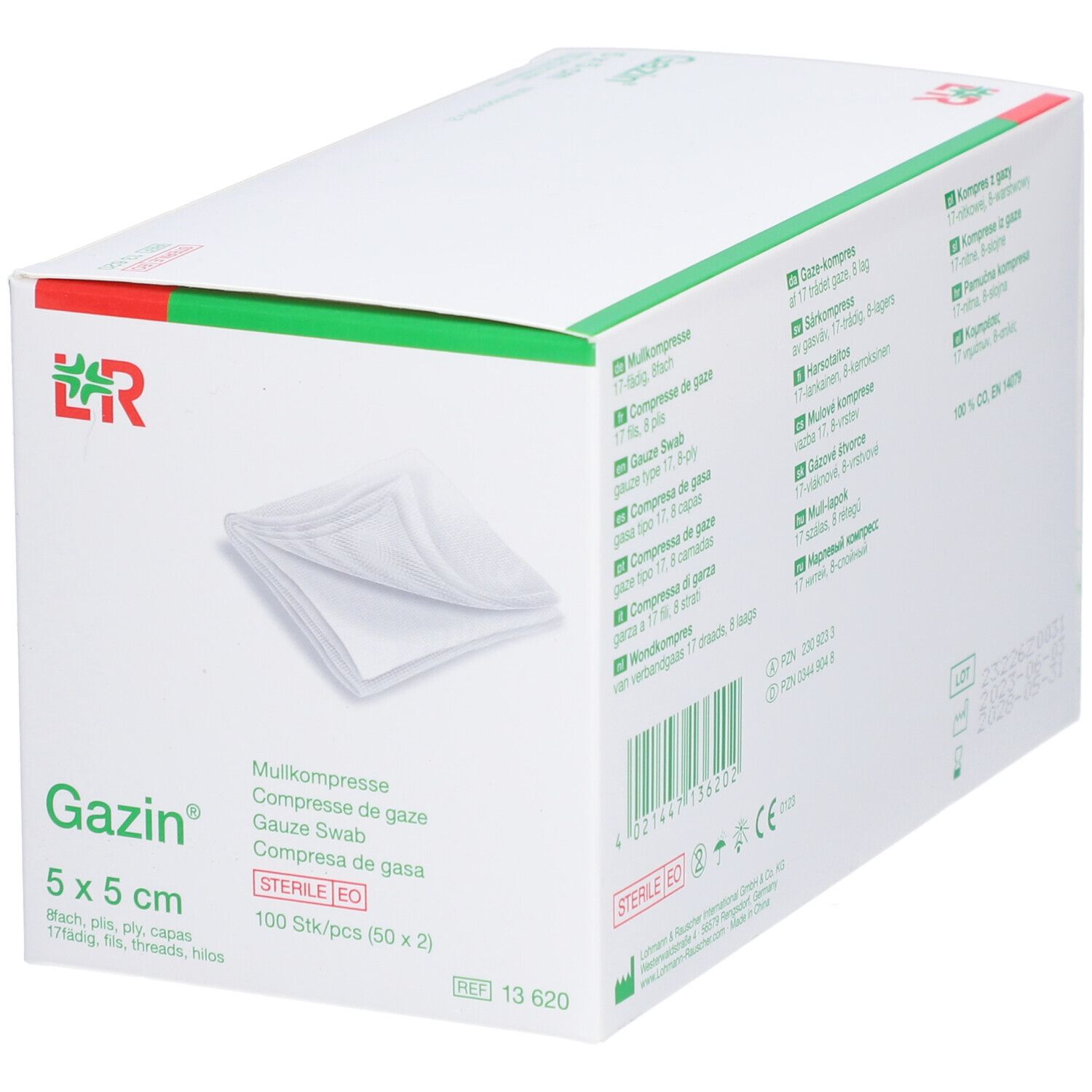 Compresses de gaze Gazin 5x5cm. Boîte avec couvercle vert. Nom, taille et indication stérile visibles.