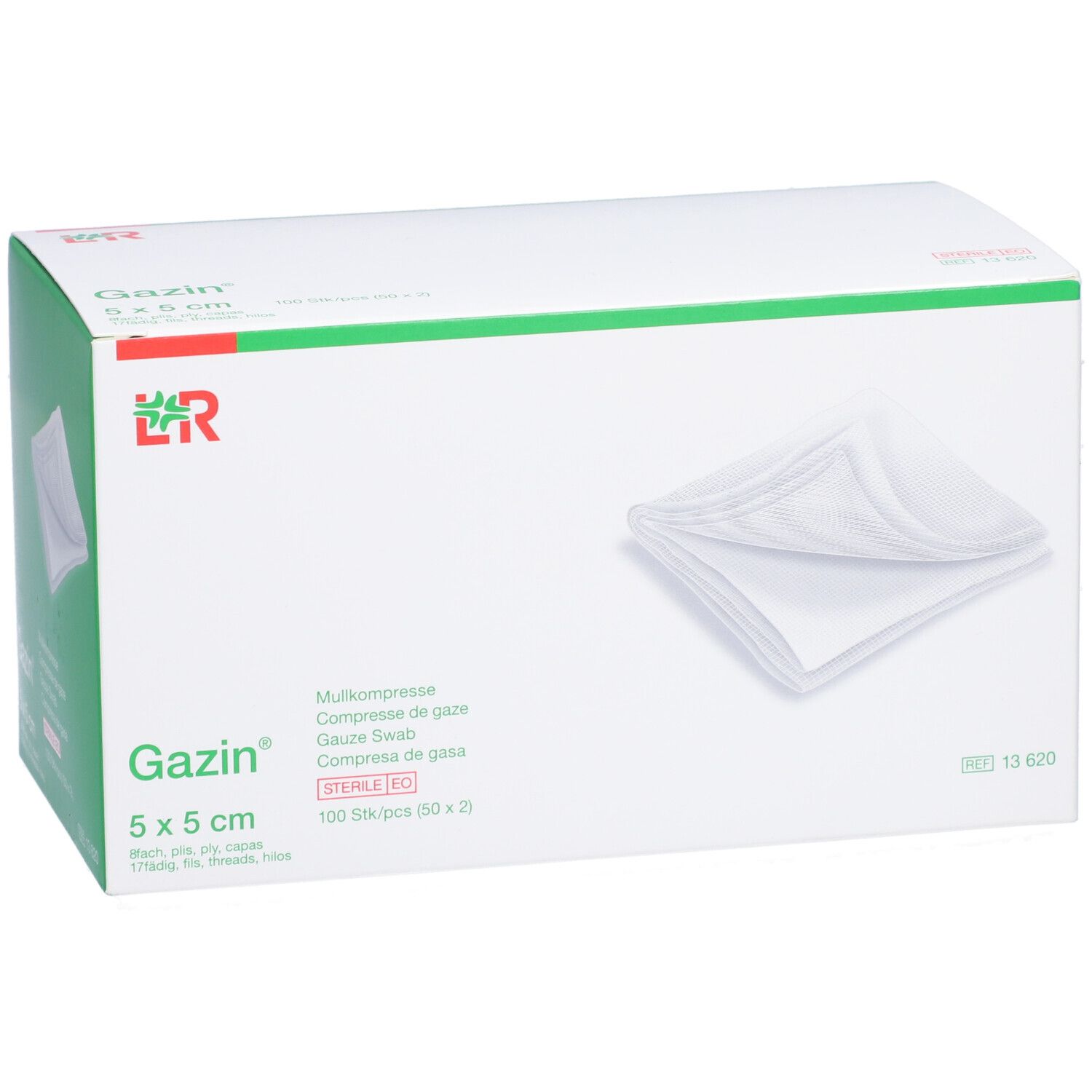 Compresses de gaze Gazin 5x5cm. Boîte blanche avec bande verte. Nom, taille et indication stérile.