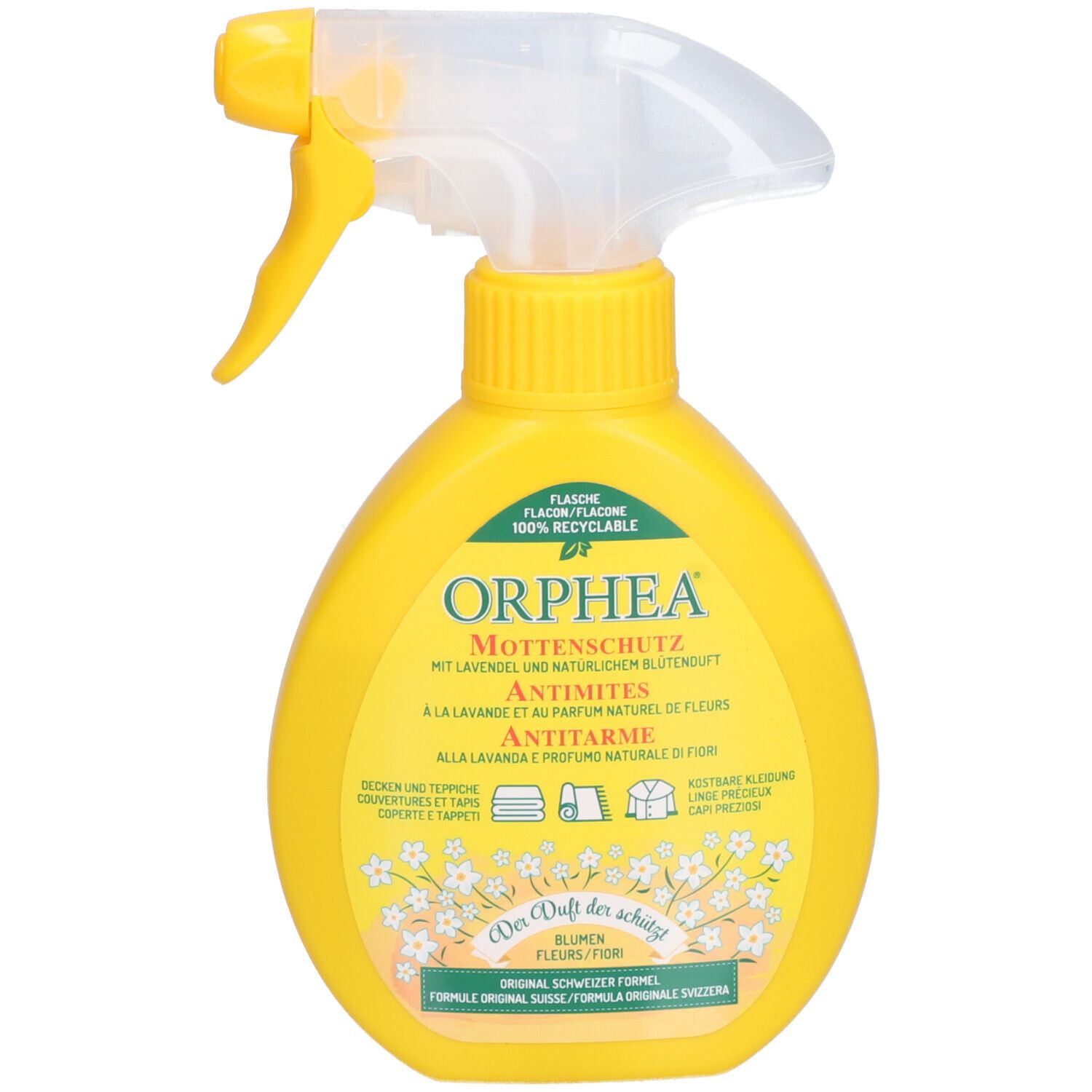 Gelbe Sprühflasche mit weißem Sprühkopf. Aufschrift: ORPHEA Mottenschutz. Blütenduft. 100% recycelbar.
