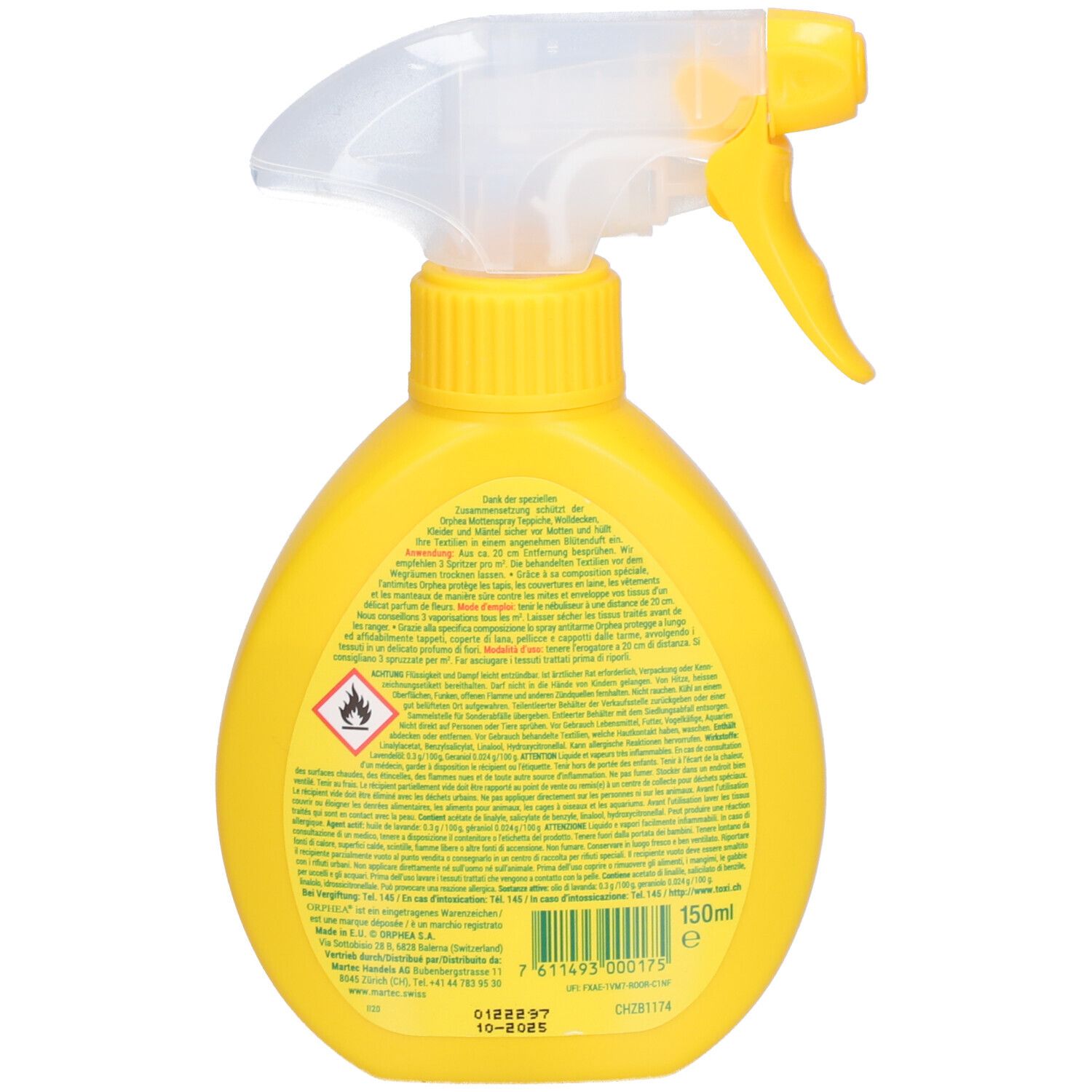 Rückseite einer gelben Sprühflasche. Text und Piktogramme auf grünem Hintergrund. 150ml.