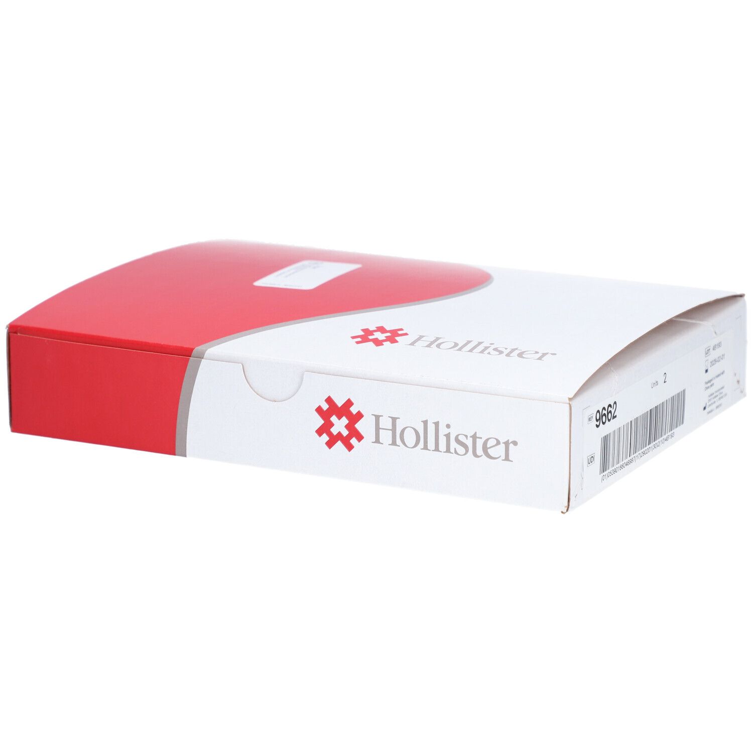 Verpackung, rot-weiß. Logo Hollister. Produktcode 9662. Barcode. CE-Kennzeichnung.