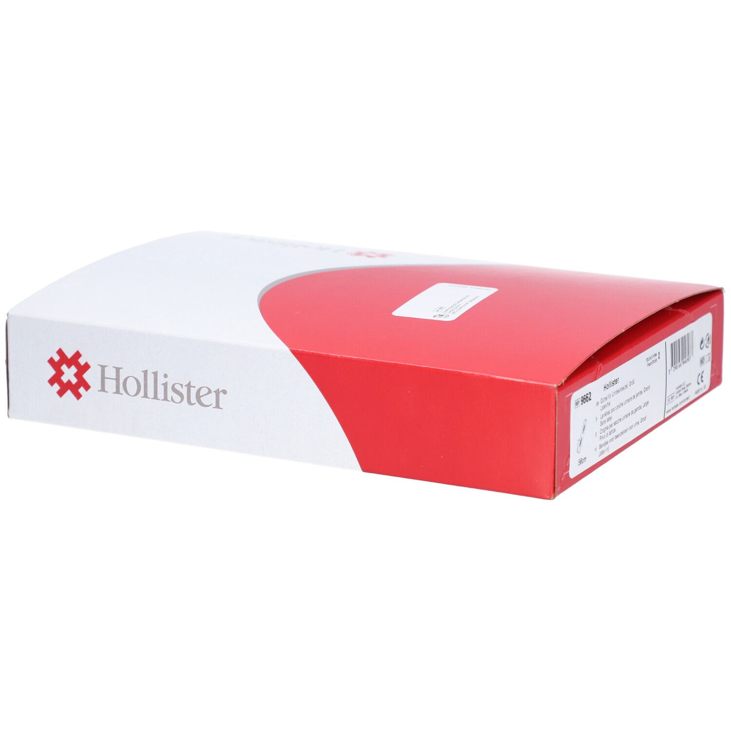Verpackung, rot-weiß. Logo Hollister. Produktcode 9662. Barcode. CE-Kennzeichnung.